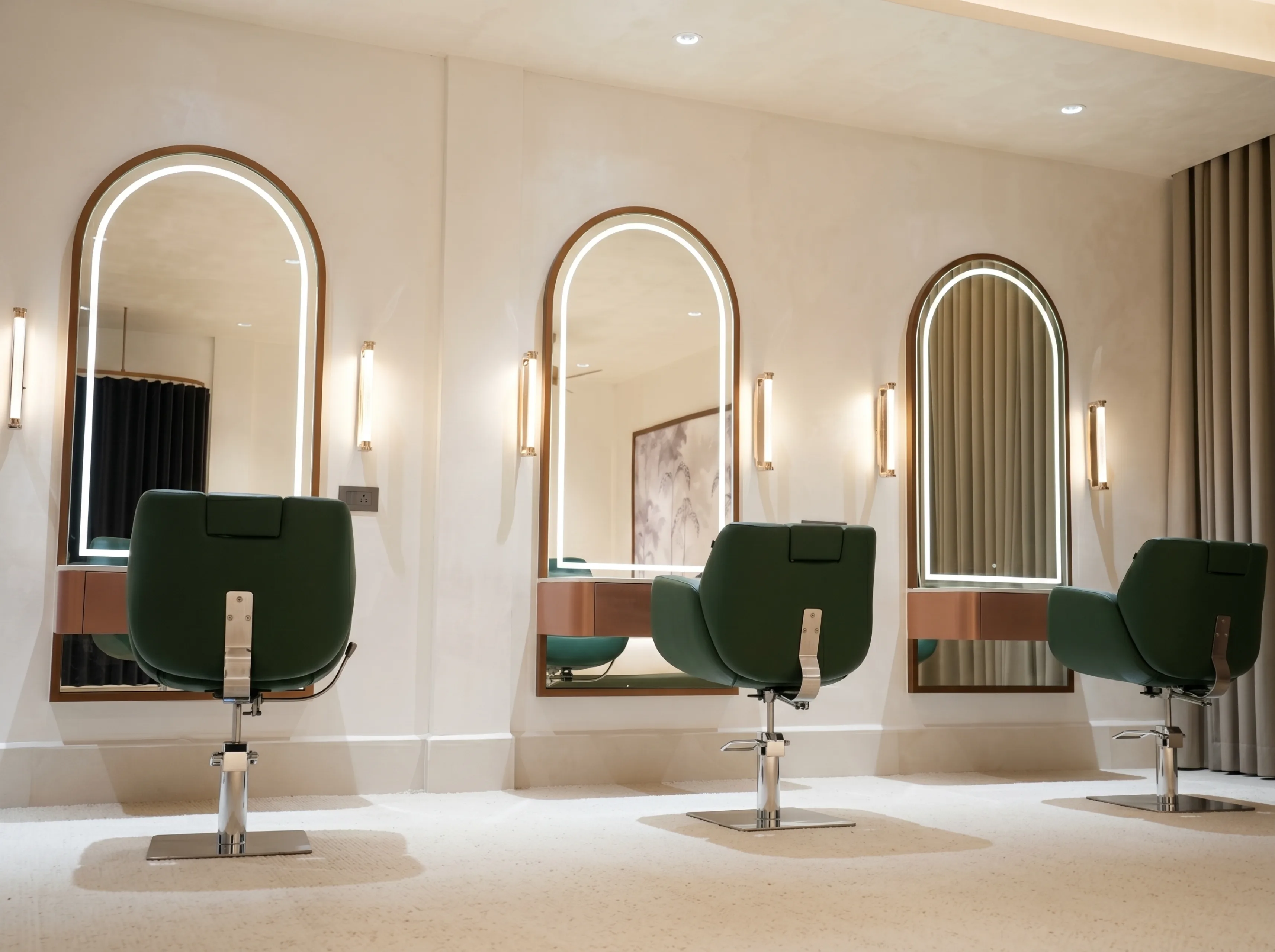 Styling room at Eventara with three lit arched mirrors