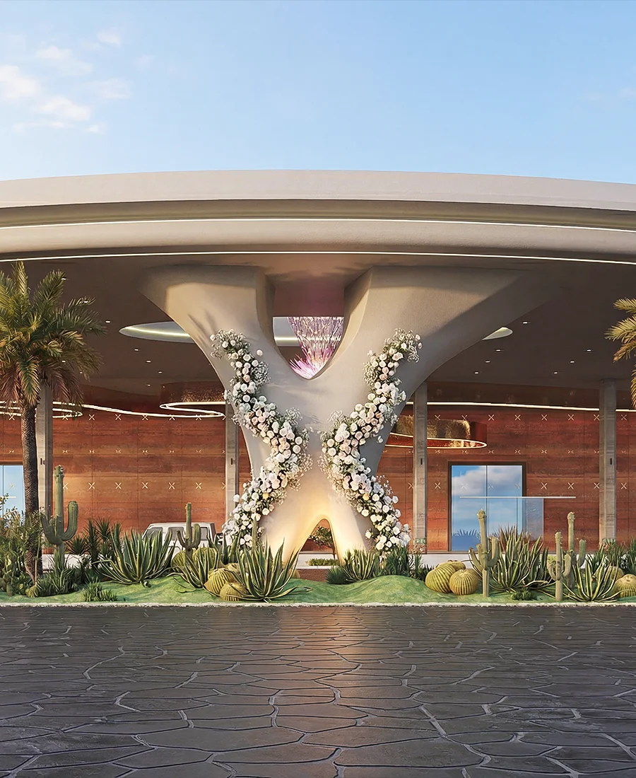 Floral-wrapped X-column at the Eventara entrance, daytime
