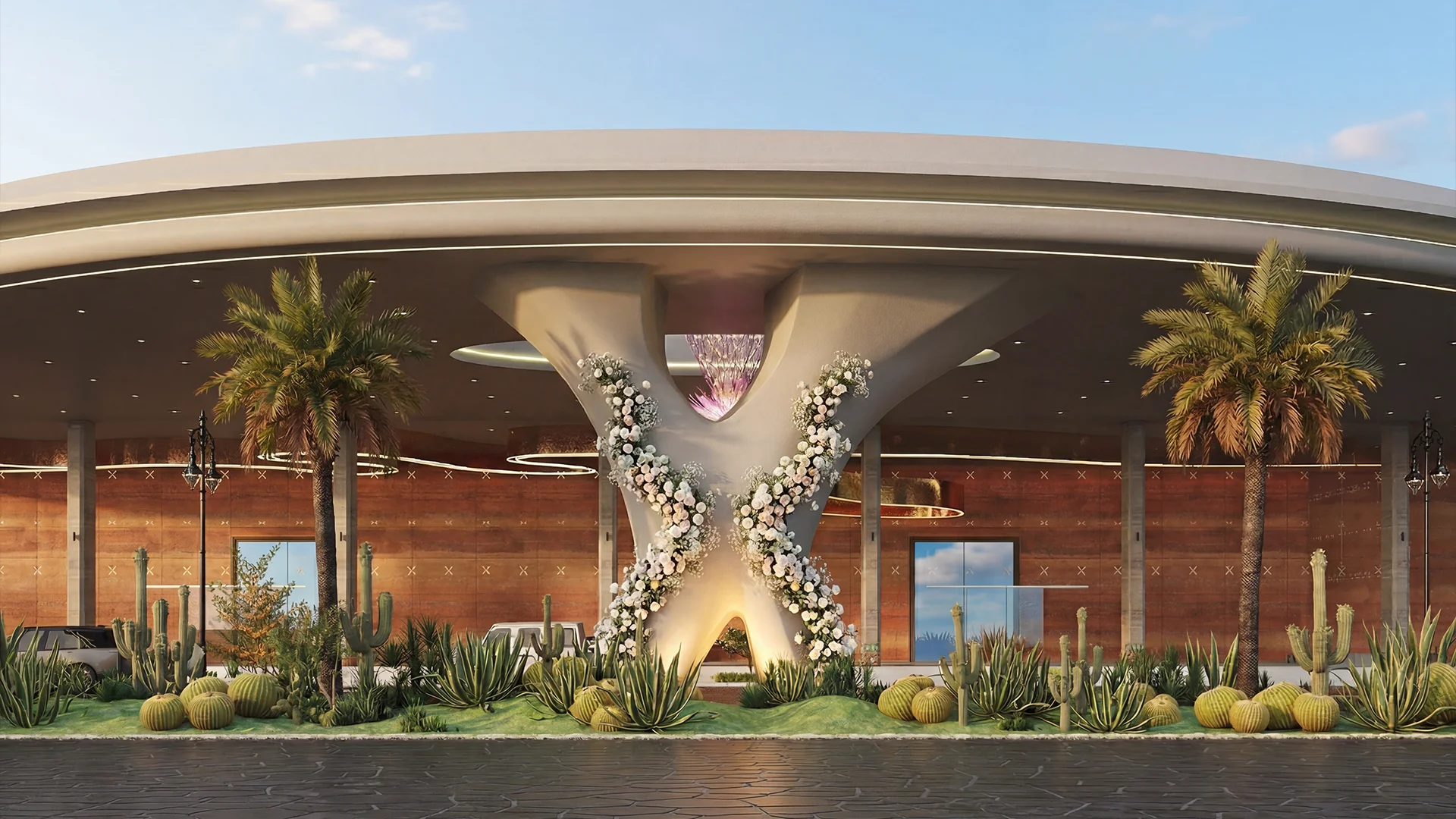 Floral-wrapped X-column at Eventara's main entrance